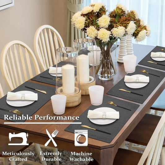 Cloth Placemats Set of 6, Cotton Linen Blend Machine Washable Double Layered Durable Place Mats Heat Resistant Placemats Wrinkle Free Thick Fabric Dining Table Mats (Dark Grey, 6)