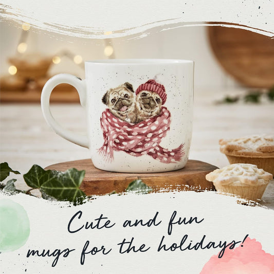 Royal Worcester Wrendale Designs 14 oz Mug, Snug As A Pug with Dog Illustration - Floral Animal Mug for Cottagecore Kitchens - Microwave, Dishwasher, Freezer Safe Fine Bone China Drinkware