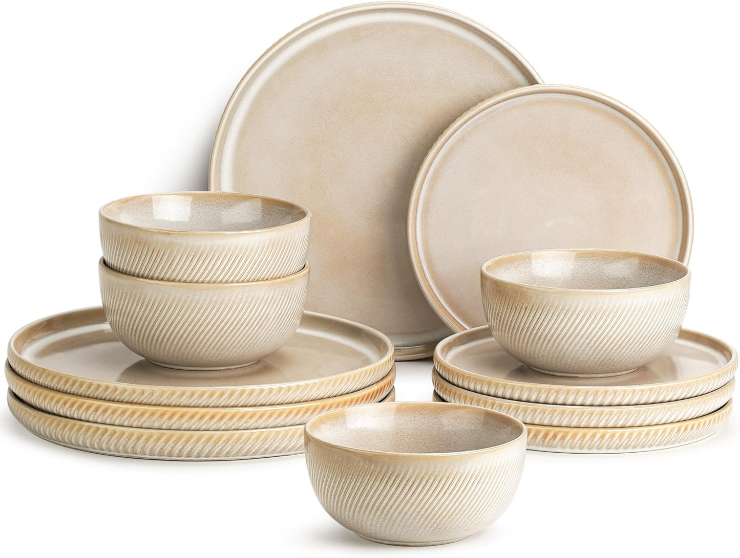 Stoneware Dinnerware Sets for 4, 12-Piece Scratch Resistant Plates and Bowls Set, Dishwasher and Microwave Safe Ceramic Dishes Set, Ribbed, Sculpted Dune