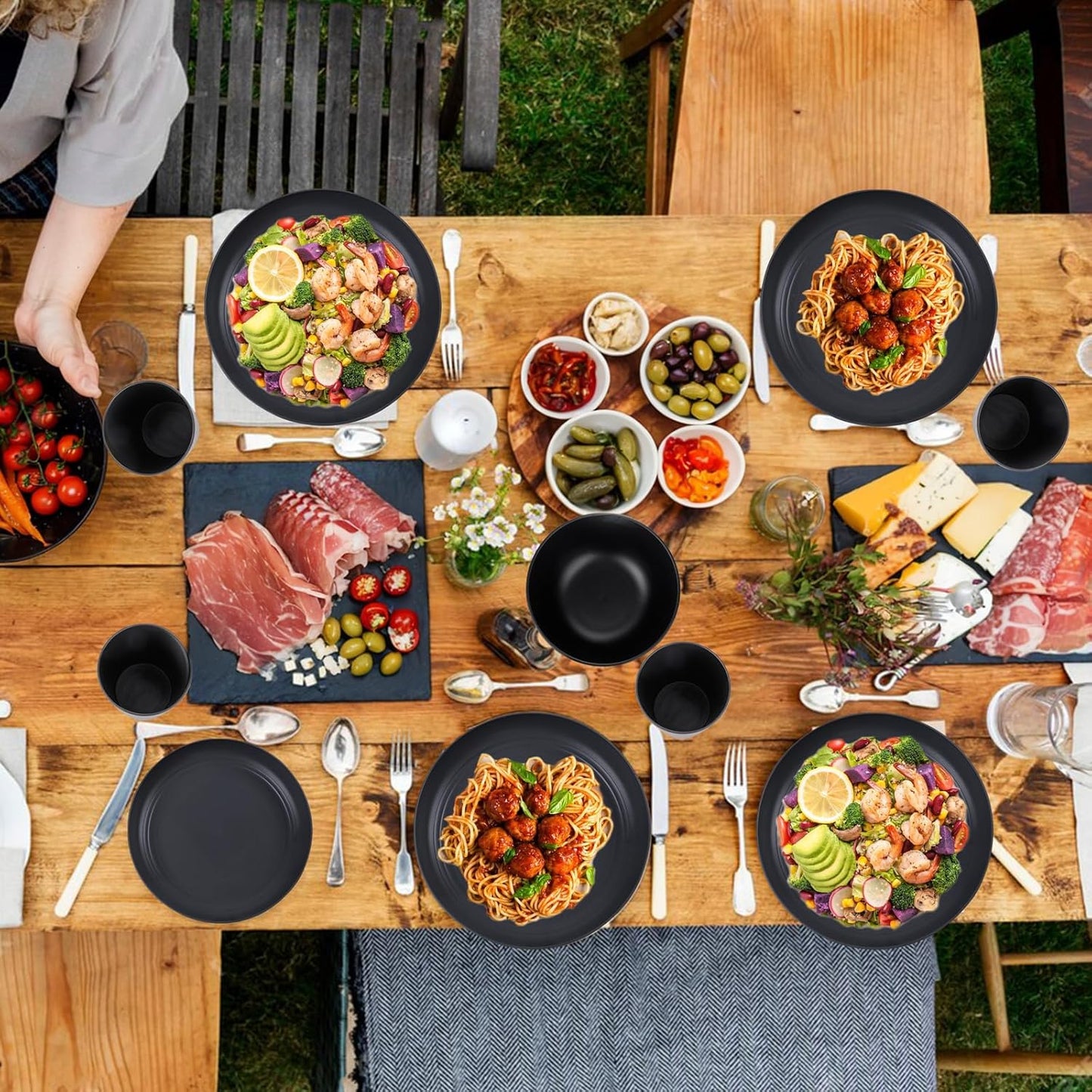 supernal 24pcs Wheat Straw Dinnerware,Unbreakable Dinner Plates Set,Microwave Dishwasher Safe,Black Reusable Plates for Picnic,Birthday,Camping