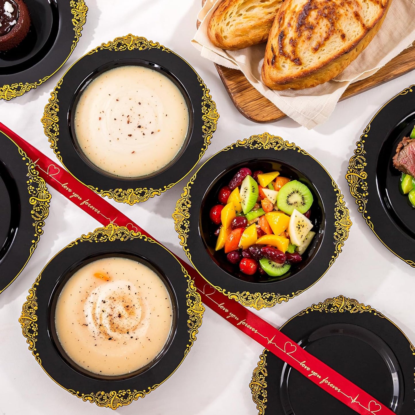 100PCS Black Plastic Bowls - 12 oz Black Gold Disposable Salad Bowls - Heavy Duty Soup Serving Bowl - Fancy Plastic Candy Bowl for Weddings, Parties, Dinners, Catering, Picnics, Halloween Party