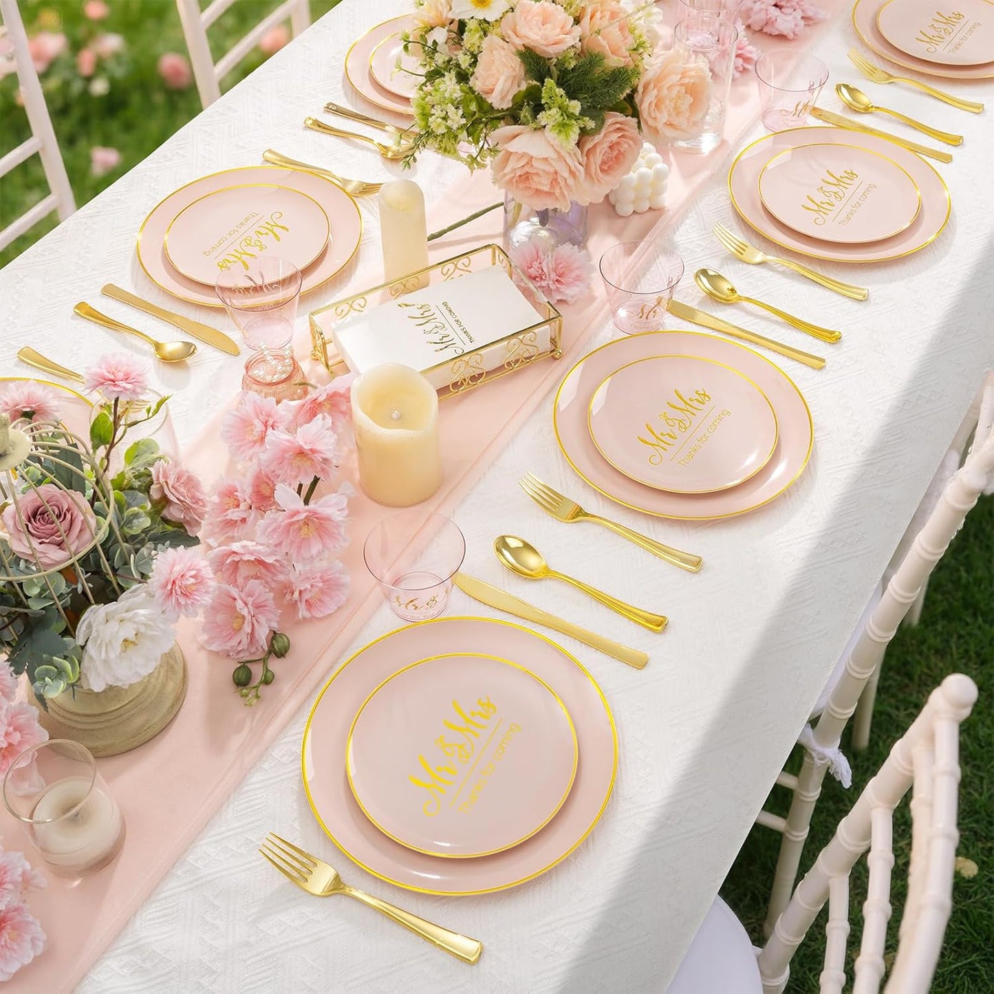 I00000 Mr and Mrs Wedding Pink Plastic Plates and Napkins Set,Bridal Shower Plates Set for 25 Guests Include 25 Dinner Platos,25 Dessert Platos,25 Cups,25 Napkins,25 Cutlery for Engagement Party Decor