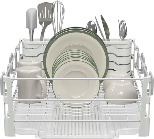 SIMPLE HOUSEWARE White Dish Drying Rack with Drainboard, Utensil Holder & Mug Hooks – Metal Kitchen Counter Organizer