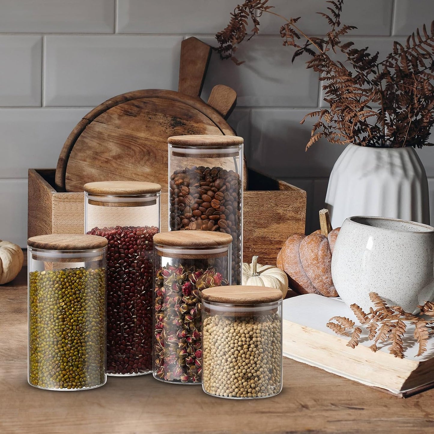 24 Pcs Glass Storage Jar with Acacia Wooden Lid, 4 Sizes Food Storage Container Clear Stackable Canister Airtight Glass Jar for Candy Cookie Rice Sugar Pasta 3.4''x4'', 6'', 7.9'', 9.8''