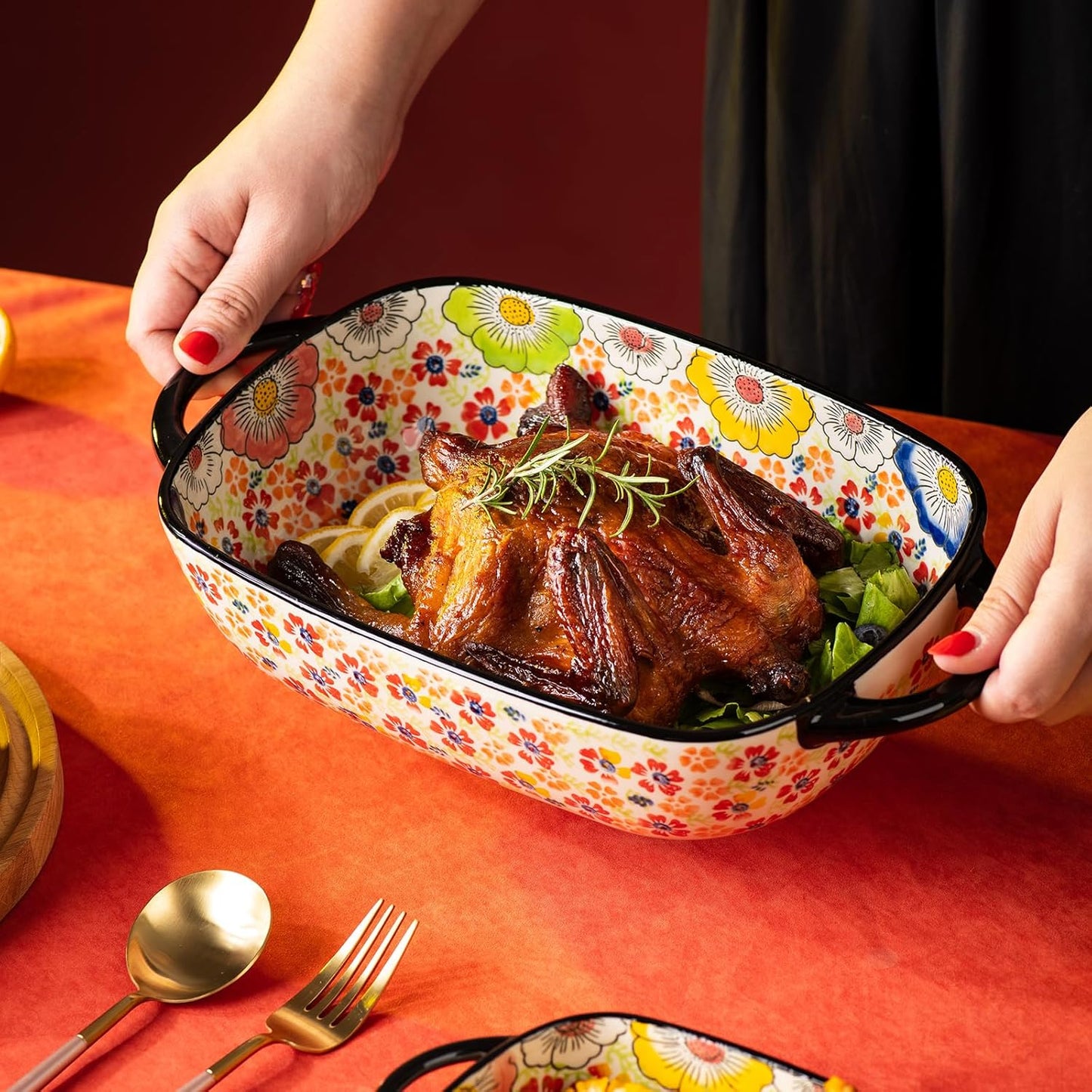 Retro pastoral style Ceramic Baking Dish Rectangular Bakeware Set Baking Pan, 2-piece Hand-painted Porcelain Baking pan with handle, Casserole Dish for Oven/Cooking/Kitchen (Romantic Flower)