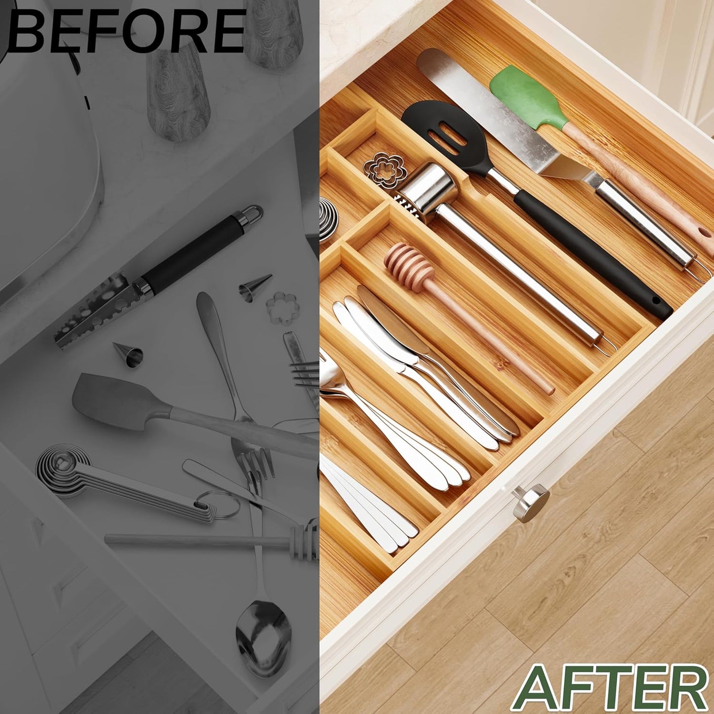 BAMEOS drawer organizer flatware organizer cutlery tray silverware organizer expandable adjustable bamboo drawer organizer kitchen bathroom