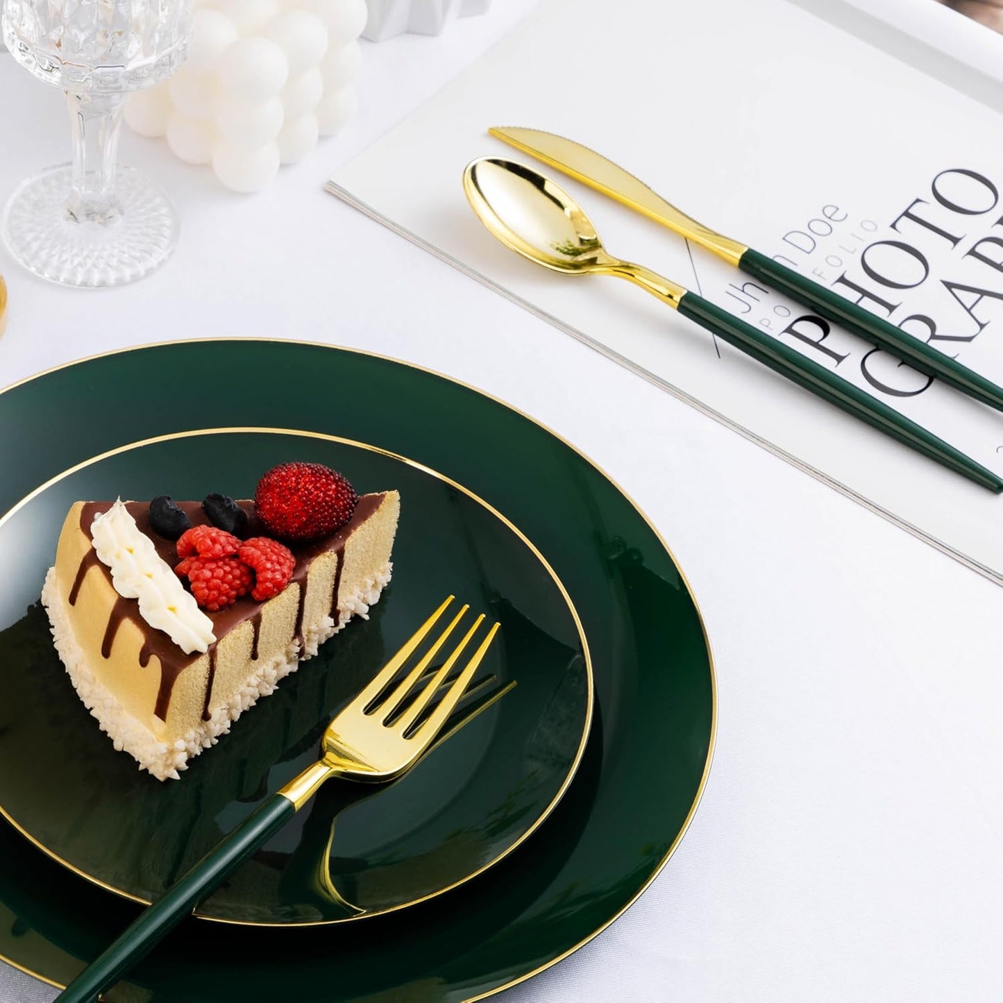 150 PCS Green Gold Plastic Utensils for 50 Guests, Gold Disposable Silverware with 50 Knives, 50 Spoons and 50 Forks, BPA Free, Ideal for Weddings, Birthdays & Graduation