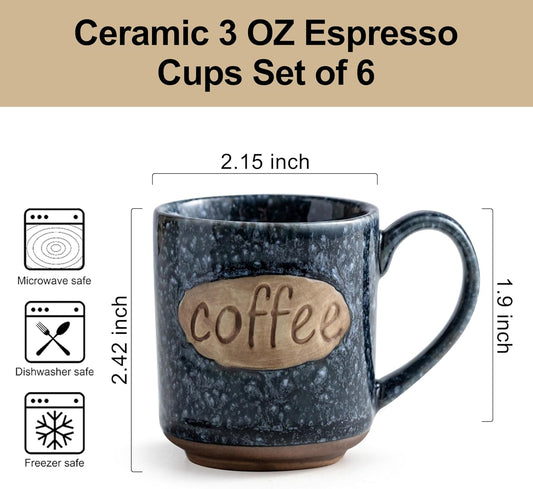 LYEOBOH Espresso Cups, Coffee Cups, Tea Cup, Coffee Cups Ceramic Set of 6, Cute Mini Cups 3 OZ, Microwave Dishwasher Safe, Ceramic Mug, Espresso Shot, Great for Coffee Bar Decor & Drinks, Blue