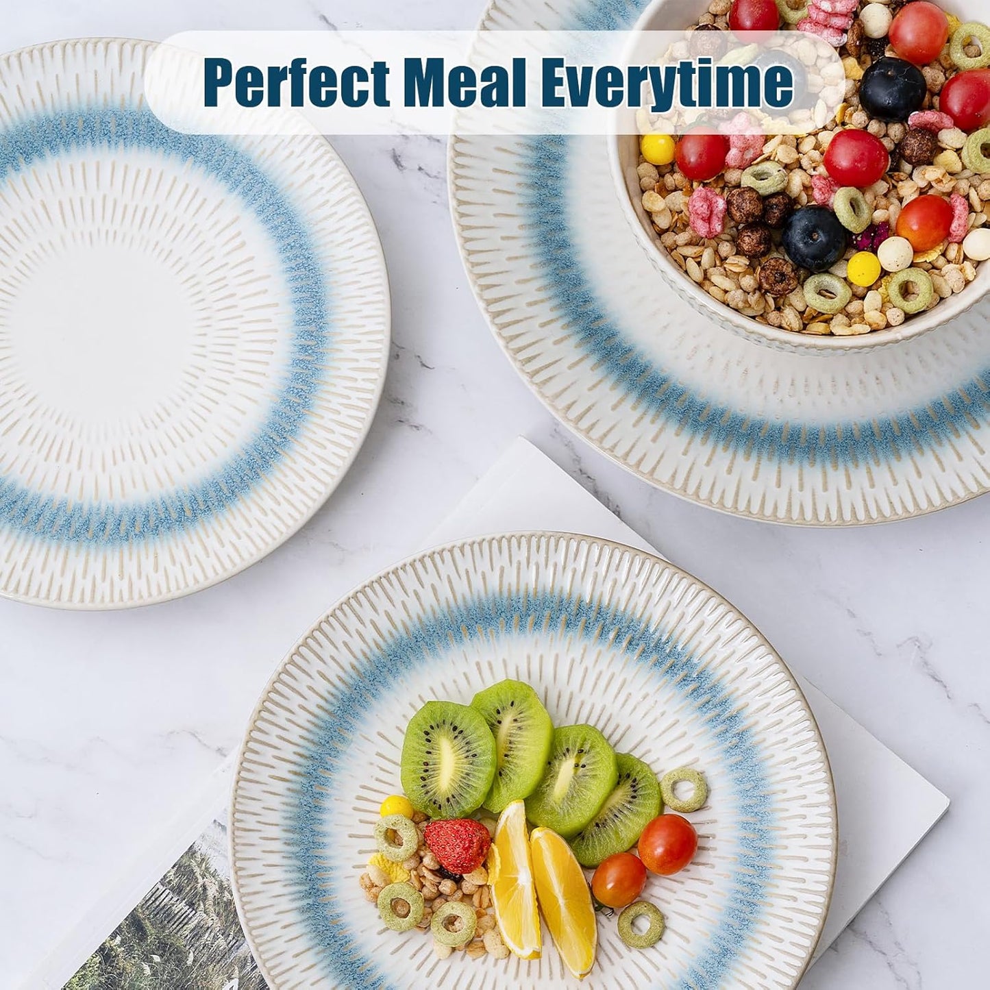 12 Pieces Ceramic Dinnerware Sets, Handmade Reactive Glaze Plates and Bowls Sets, Stoneware Set, Dishwasher & Microwave Safe Dishes set, Blue Relievo