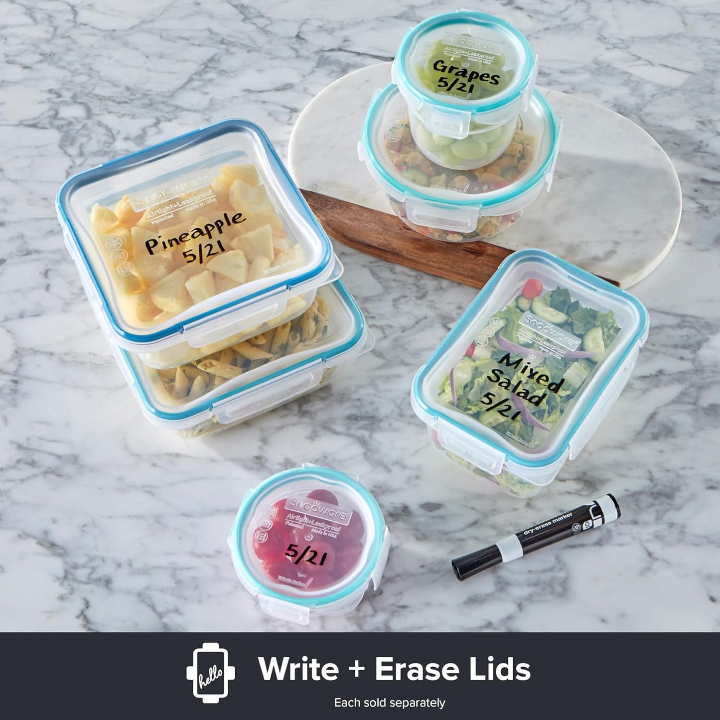 Snapware Total Solutions (5-Pack, 5.5 Cup) Plastic Food Storage Containers Set, Airtight & Leakproof Locking BPA-Free Lids Tupperware, Freezer Dishwasher Microwave Safe