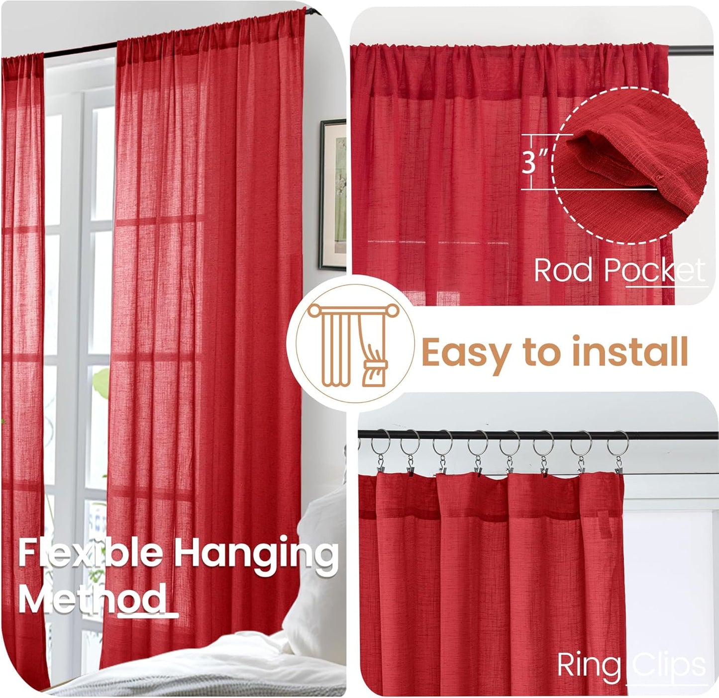 BGment Red Linen Curtains 84 Inch Length 2 Panels Set for Living Room, Window Drapes Lightweight Semi Sheer Textured for Farmhouse Bedroom Party Christmas Party Decor Rod Pocket, Each 42 Inch Wide