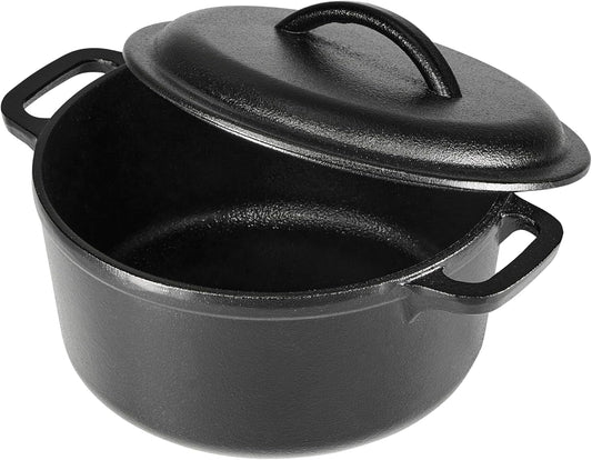 Amazon Basics Round Pre-Seasoned Cast Iron Mini Dutch Oven Pot with Lid and Dual Handles, 2-Quart, Black