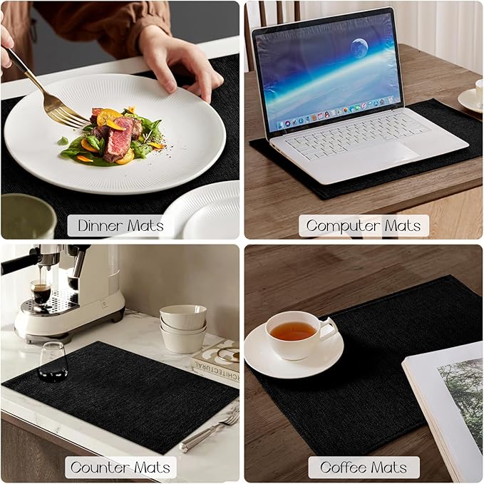 Romanstile Cloth Placemats Set of 6-12 x 18 Inch, Heat Resistant Double Layered Thickened Burlap Place Mats, Washable Faux Linen Farmhouse Table Mats for Kitchen/Dining/Party/Outdoor, Black
