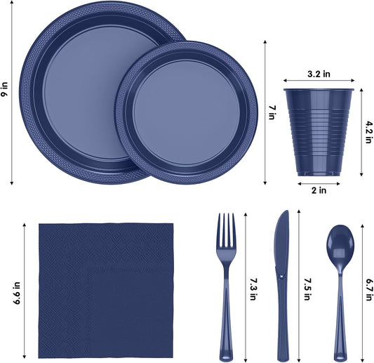 Party Solids 350 Pieces Navy Plastic Plates For Party, Navy Disposable Plates Set, 50 Of Each 9" Dinner Plate Set, 7" Dessert Plate, Cups, Napkins & Cutlery Plastic Dinnerware