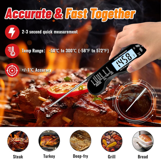 Meat Thermometer, IP67 Waterproof Digital Meat Thermometer with Backlight, Hold Function & Magnet for Grill, BBQ, Candy, Beef,Turkey,Gadgets Essentials BBQ Accessories,Mens Stocking Stuffers