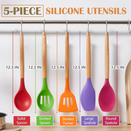 E-far Silicone Cooking Utensils Set, 5-Piece Kitchen Utensils Set with Wooden Handle for Cooking, Silicone Kitchen Nonstick Tools Spatula Turner Slotted Spoons, Nontoxic & Heat Resistant-Colorful
