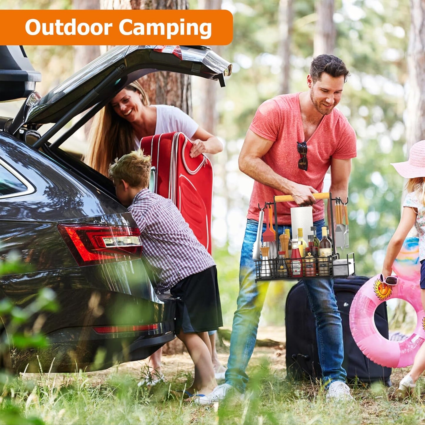 Large Grill and Griddle Caddy with Paper Towel Holder, Side Hooks, Utensil Holder, Wooden Handle for Outdoor Kitchen, Picnic, RV, Patio, Camping, Tailgate BBQ Tools & Grilling Accessories