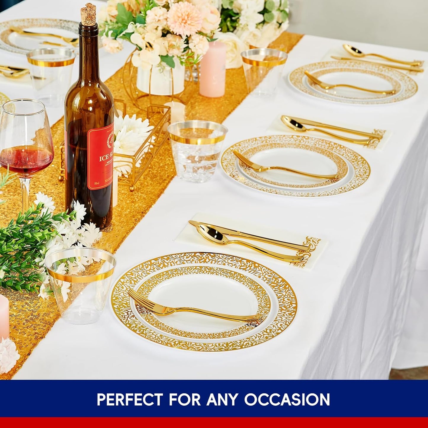 210 Count Gold Plastic Dinnerware, Gold Disposable Plates, Includes: 30 Dinner & 30 Dessert Plates & 30 Cups & 30 Paper Napkins & 30 Plastic Silverware Set