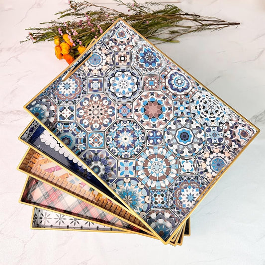 Boho Coffee Table Tray, Decorative Serving Tray with Handles, Large Tray for Ottoman,Coffee Table,Living Room Modern, Blue,