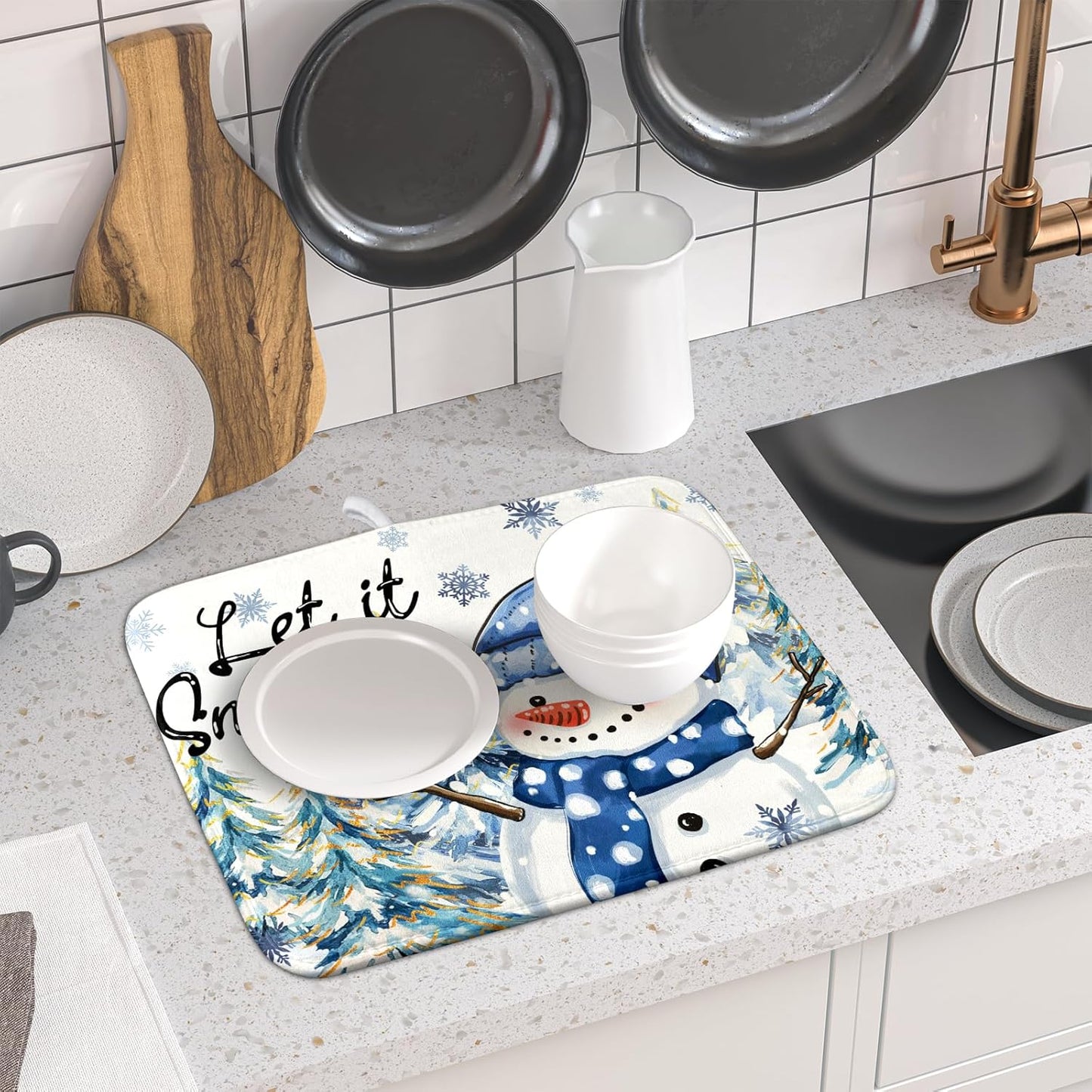 Hello Winter Dish Drying Mats 16x18 Inch, Xmas Holiday Snowman Pine Trees Snowy Seasonal Washable Microfiber Drainer Rack Absorbent Pad Kitchen Counter Coffee Bar Protector