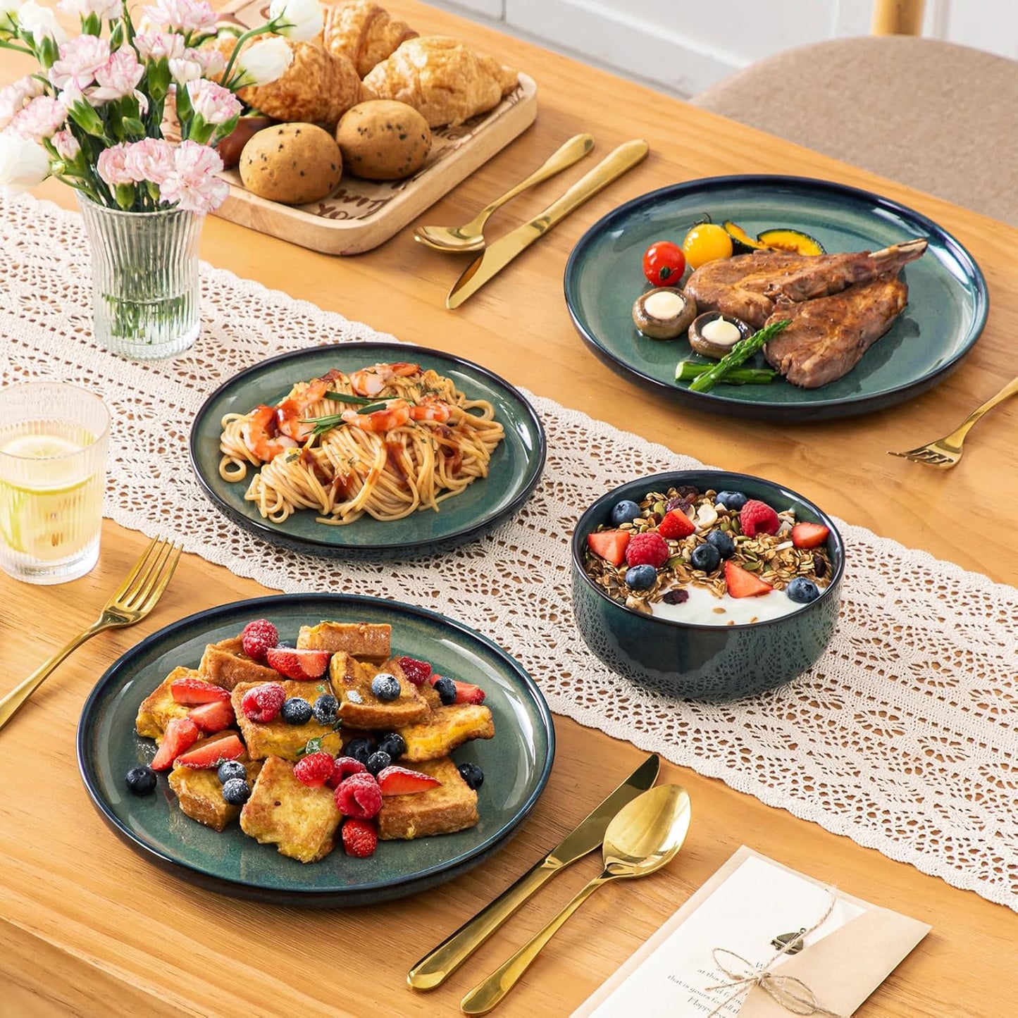 vancasso Starry 12 Pieces Dinnerware Sets for 4, Green Reactive Glaze Dishes Sets, Ceramic Plates and Bowls Set, Dinner Salad Dessert Plates, and Cereal Bowls Set, Dishwasher and Microwave Safe