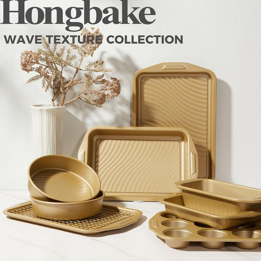 HONGBAKE 9-Piece Baking Pans Set with Wave Texture, 0.8mm Thick Bakeware Sets Non Stick, Includes Stackable Cookie Sheets for Oven Cooking, Cake Pan, Muffin Pan, Loaf Pan, Roasting Pan, Rack, Gold