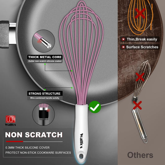 Walfos Whisk, Silicone Whisks for Cooking & Baking Non Scratch Rubber Coated Pink Whisk for Non-stick Wisk, Perfect for Frothing, Blending, Beating and Whisking (3pack Pink)