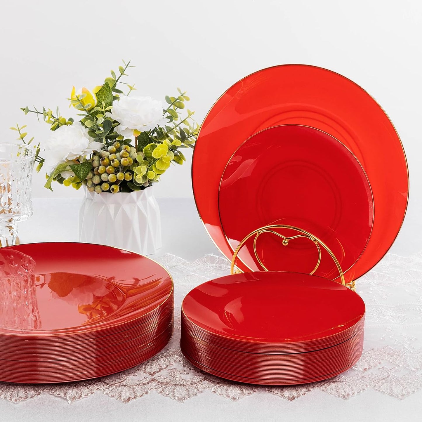 100PCS Red Plastic Plates, Red Disposable Plates for Party, Graduation, Include 50 Dinner Plates, 50 Dessert Plates for 50 Guests