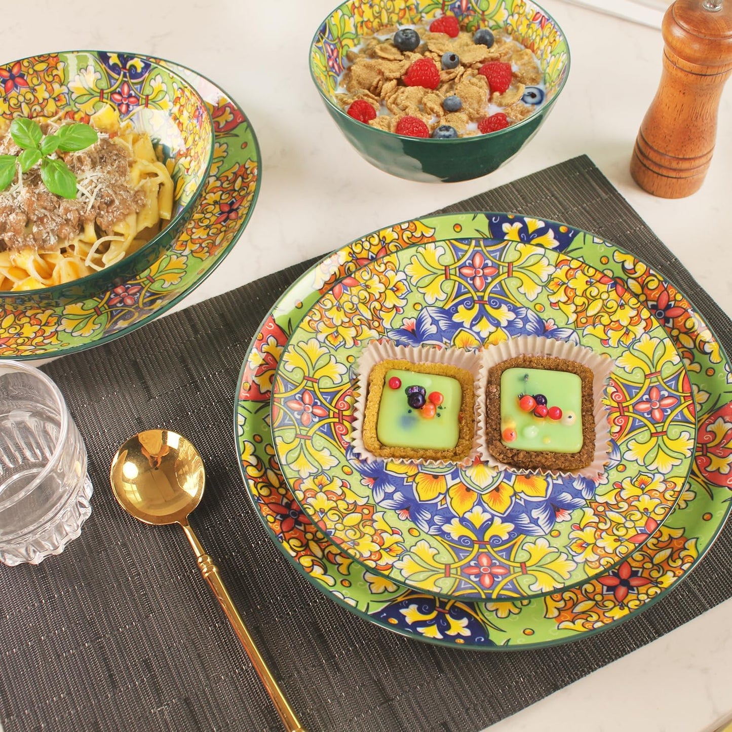 Mandala Dinnerware Sets, Plates and Bowls Set, Porcelain Dishes Service for 4, Zanzibar, Bohemian Style Dining Ware, for Kitchen and Dining Multicolor Dinnerware Set, Green 16 pieces