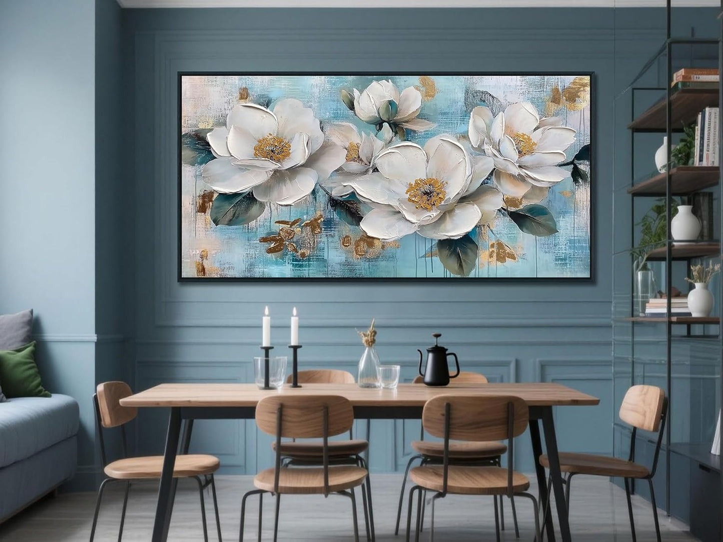 Ardemy White Floral Wall Art, Framed Canvas Wall Art For Living Room Large Teal Pictures Wall Decor Flower Paintings Artwork for Walls Dining Room Bedroom Home Office 58"x29"