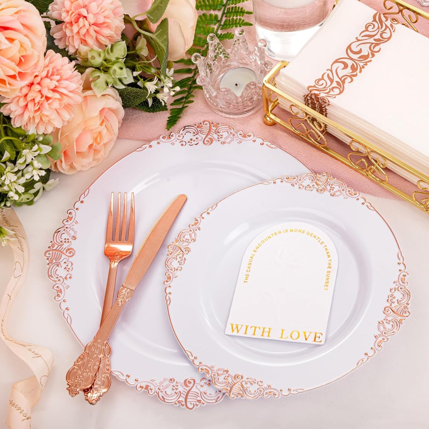 Morejoy 175PCS Rose Gold & Silver Plastic Dinnerware Set: 25 Plates, 25 Forks, 25 Knives, 25 Spoons, 25 Cups, 25 Napkins - Perfect for Wedding & Party