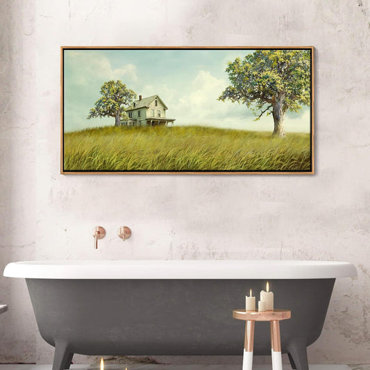 YCPRIMER Large Canvas Wall Art - Village Landscape Decor Retro Farmhouse Picture Yellow Tree Painting Artwork for Dinning Room,Living Room,Kitchen Framed Decoration Size 29×58Inch