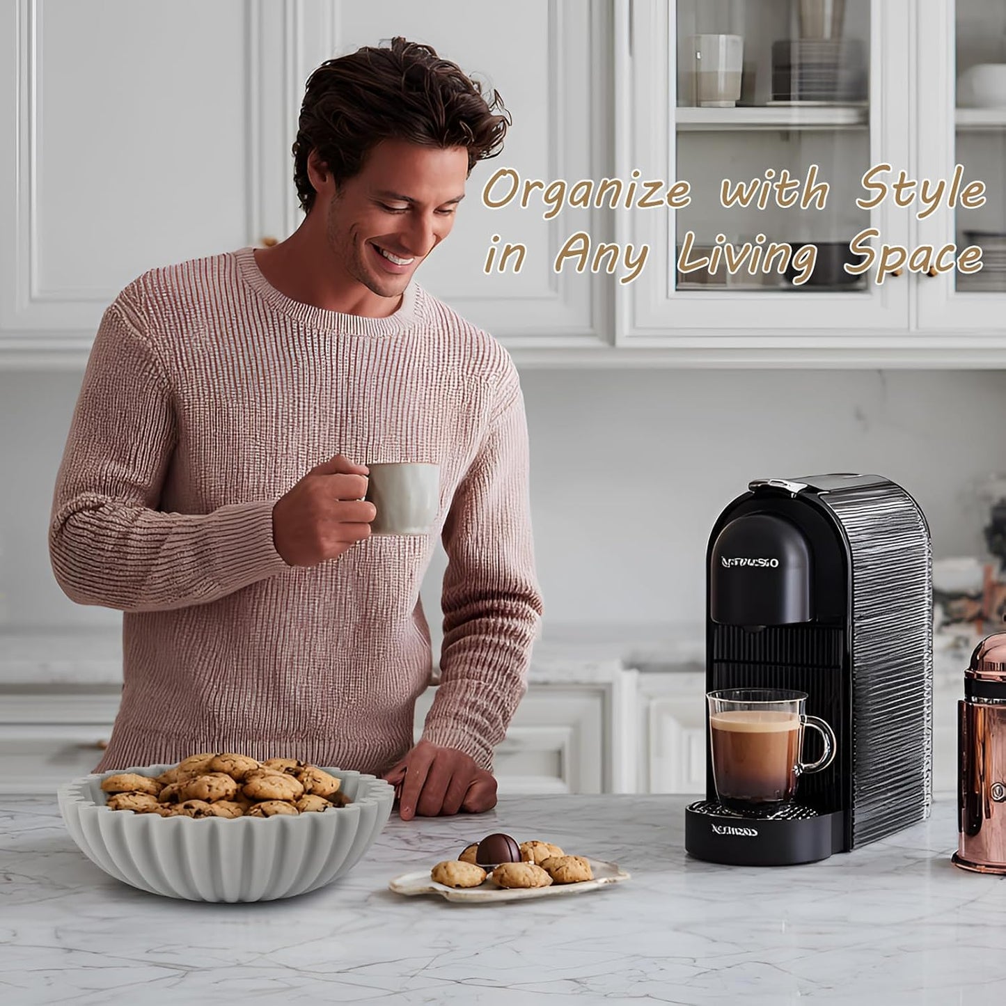 Large Decorative Bowl for Home Decor - Centerpiece for Coffee Table,Dining Table,Kitchen, Entryway Key bowl & Fruit Bowl Display - Modern Concrete Stone Design (Gray)