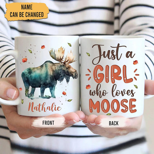Hyturtle Personalized Gifts Moose Lover - Just A Girl Who Loves Mooses Custom Name Ceramic Coffee Mug Cup 11oz - Idea Cute Animal Lover Gifts For Women, Girl Daughter On Birthday, Christmas