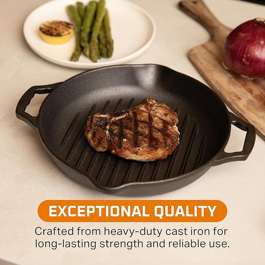 Bruntmor Enameled Cast Iron Skillets - 10-Inch Round Grill Pans for Stove Tops with Glass Lid - 3.5 Quarts Large Frying Pan with Double Loop Handles - Safe for Oven and All Cooking Tops - Black