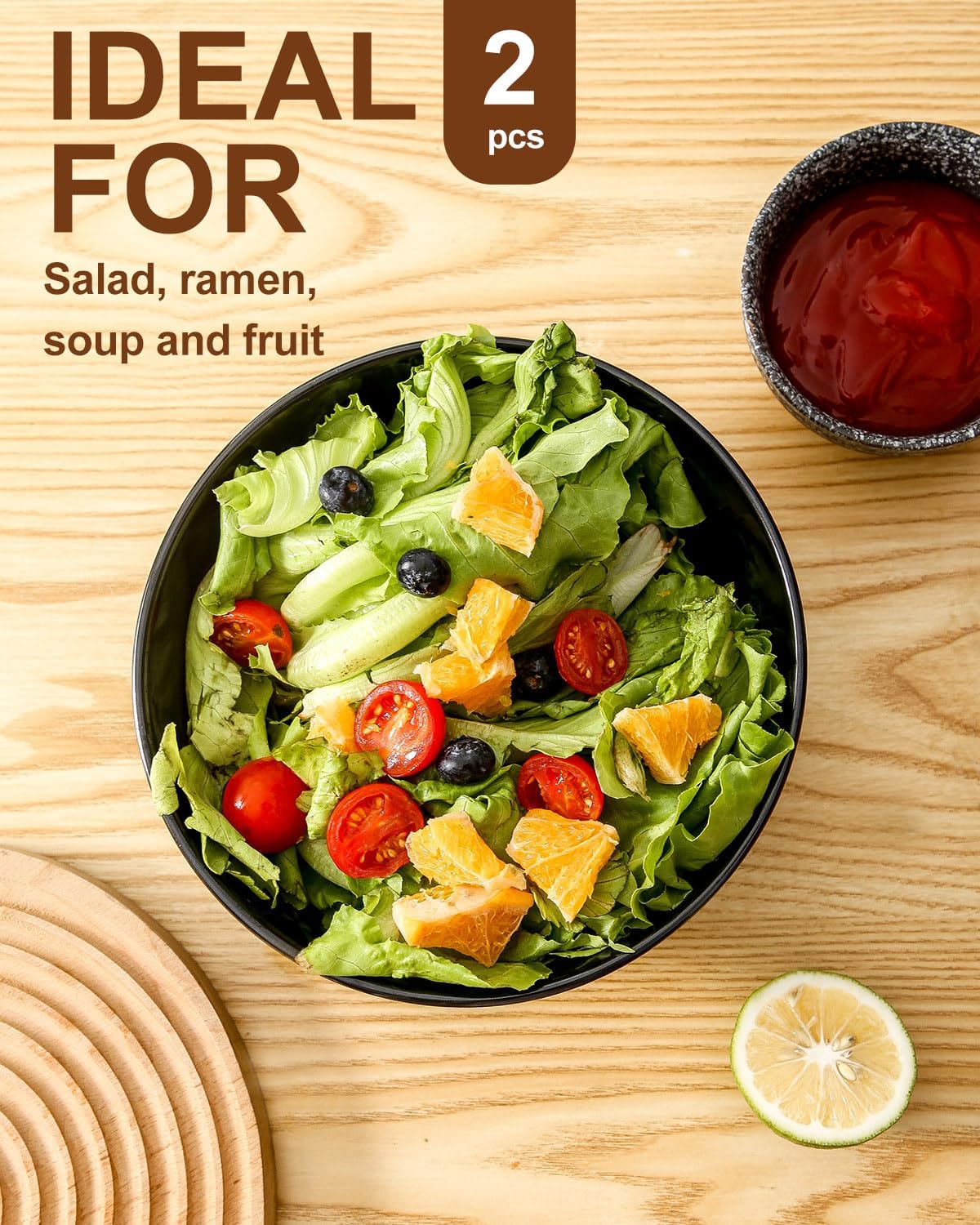 Hasense Large Salad Bowls of 2, Porcelain 60 Oz Serving Bowl 8 Inch for Kitchen Dining,Elegant Ribbed Ceramic Dishes for Party,Soup,Pho,Pasta,Cereal,Fruit - Dishwasher & Microwave Safe, Blue