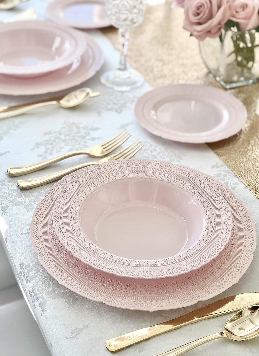 " OCCASIONS " 50 Plates Pack (25 Guests)-Extra Heavyweight Vintage Wedding Disposable/Reusable Plastic Plates -25 x 11'' Dinner + 25 x 8.25'' Salad/dessert (Chateau Blush Pink)
