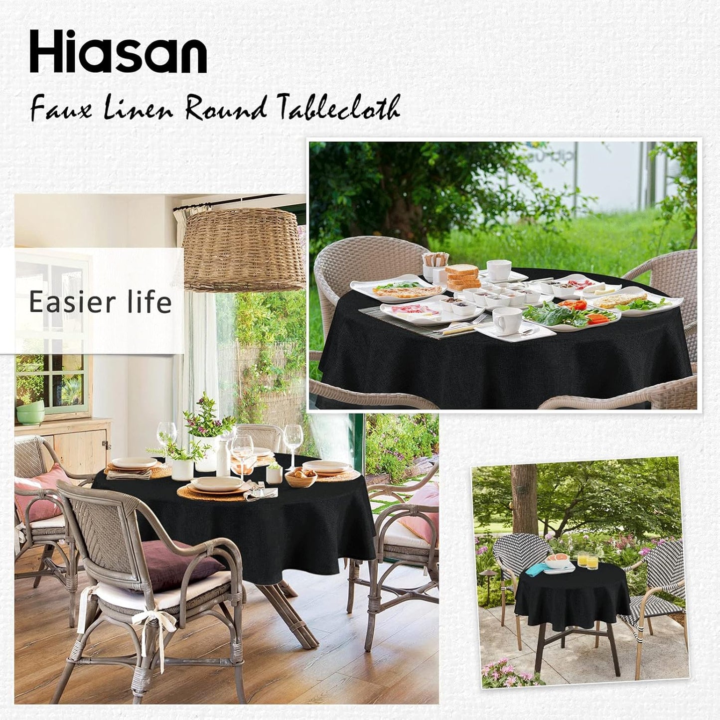 Hiasan Black Round Tablecloth 108 Inch Linen - Wrinkle and Stain Resistant Washable Polyester Fabric Table Cloth for Dining Room Kitchen Party, Black