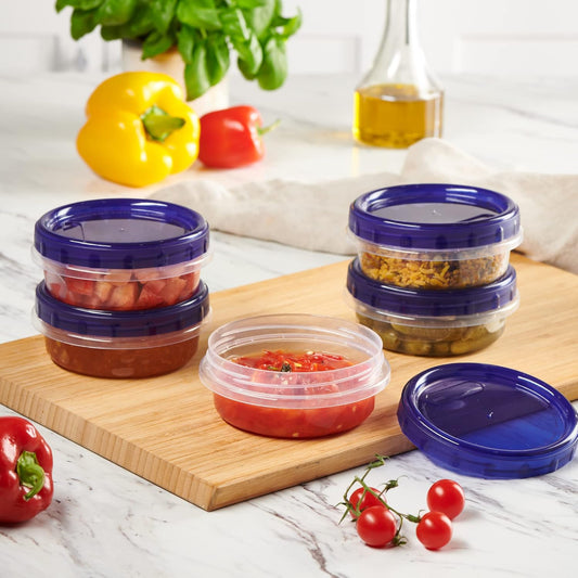 PLASTICPRO 6 Pack Twist Cap Food Storage Containers with Blue Screw on Lid- 8 oz Reusable Meal Prep Containers - Freezer and Microwave Safe Blue Plastic Food Storage