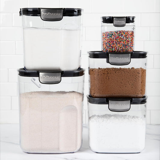 ProKeeper+ Airtight Food Storage Container Set – Clear Plastic Flour and Sugar Canister Set with Magnetic Accessories for Kitchen Organization (Black, 9-Piece)