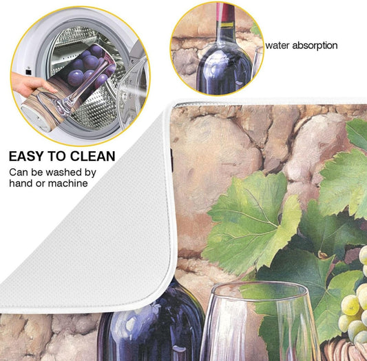 Wine Bottle Wine Glass Grapes Dish Drying Mat for Kitchen Counter Super Absorbent Dishes Pad Reversible Microfiber Protector Dish Draining Mats 16x18 inch
