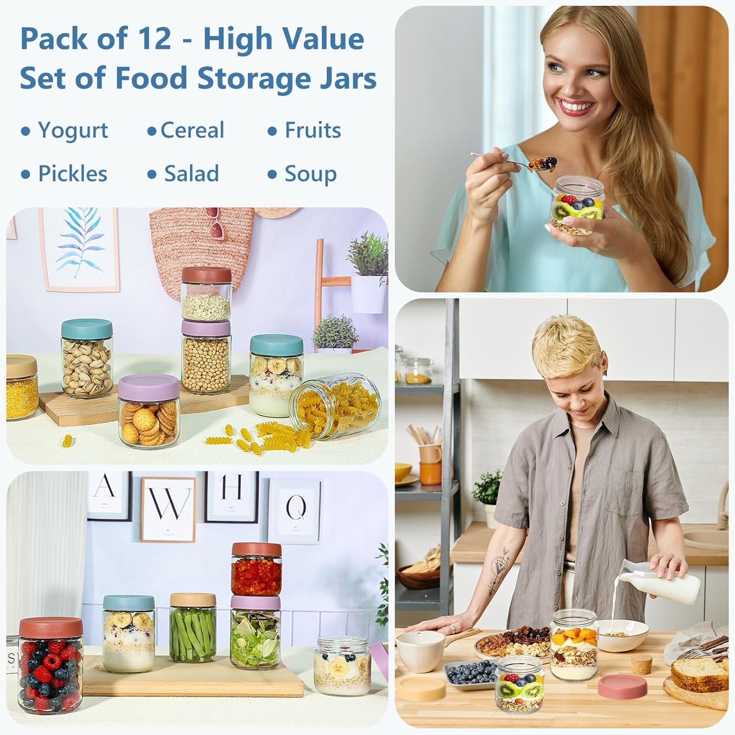 KEYWING 12 Pack Overnight Oats Containers With Lids, 10 oz Wide Mouth Mason Jars with Airtight Lids, Meal Prep Containers Food Storage Glass Jars in Bulk for Snack Yogurt Salad Spice Cereal