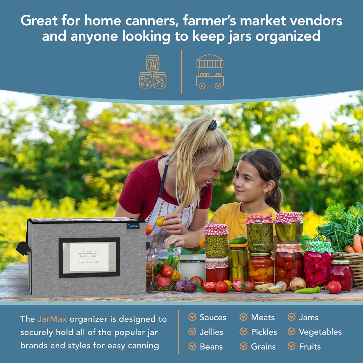 64 oz 1/2 Gallon jars Storage Containers, Sturdy Canning Jar Storage Containers Holds 6 64oz Ball Mason Jars, Foldable Canning Organizer, Stackable Home Storage Box with Lid & Label holder