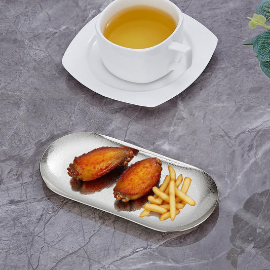 7X3 inch ellipse Appetizer Plates,thick stainless steel Dinner Plates, Pasta Dessert Plates for Sushi, Fruit oven/Dishwasher Safe, Set of 4,silver