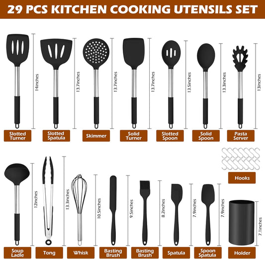 HaWare 29 PCS Silicone Cooking Utensils Set, Heat Resistant Kitchen Utensils Set with Stainless Steel Handle, Spatula Sets with Holder and Hooks, Kitchen Tools Gadgets for Nonstick Cookware -Black