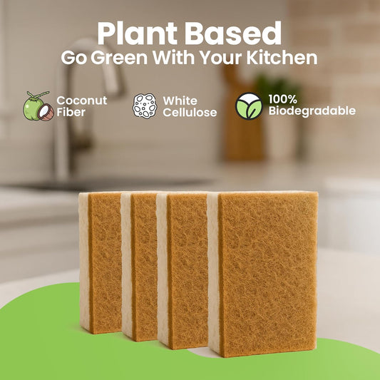 Natural Kitchen Sponges Pack of 12 - Biodegradable Compostable Cellulose & Coconut Scrubber Sponge with Non-Scratch - Long Lasting, Sponges for Dishes, Heavy Duty Dish Scrubber (Rectangular)