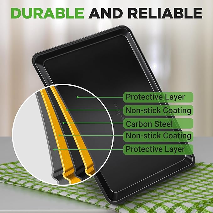 NutriChef 2-Piece Black Non-Stick Cookie Sheet Baking Tray Set - Versatile & Durable Carbon Steel Bakeware Sets, Stackable & Easy-Clean, NC2TRBL