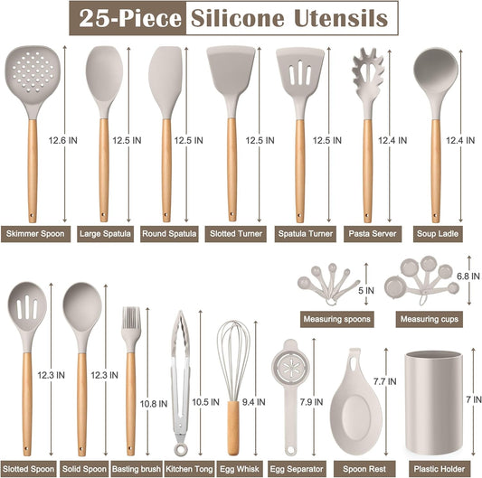 E-far Silicone Kitchen Utensils Set with Holder, 25-Piece Cooking Utensil Set with Wooden Handle for Nonstick Cookware, 446°F Heat Resistant Kitchen Tool Spatula Tong Whisk, Non-toxic & Healthy, Khaki