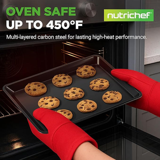 NutriChef 2-Piece Non-Stick Black Cookie Sheets - Versatile & Durable Non-Toxic Carbon Steel Bakeware Sets, Stackable Baking Tray for Cookies, Brownies, Jelly rolls - Oven Safe & Easy Clean