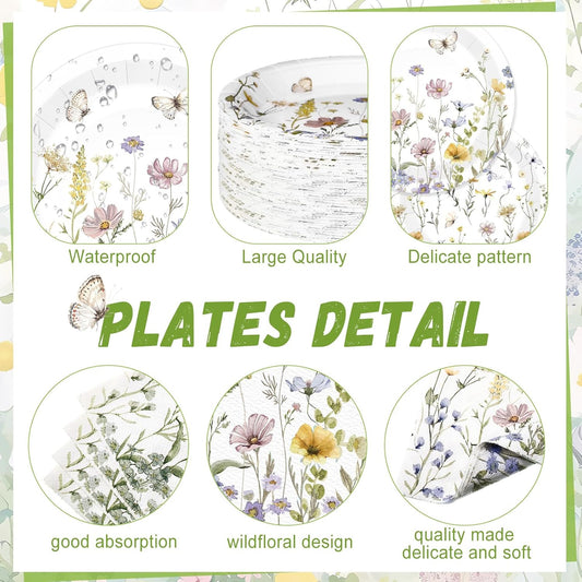 250 Pcs Wildflower Party Decorations Include Spring Summer Floral Paper Plates Napkins and Cups for Wildflower Baby Shower Tea Decorations, Serve 50 Guest(Light Color,Elegant Style)